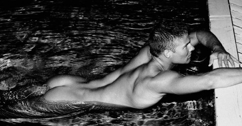 Black and White Rearview Naked Swimmer in Pool