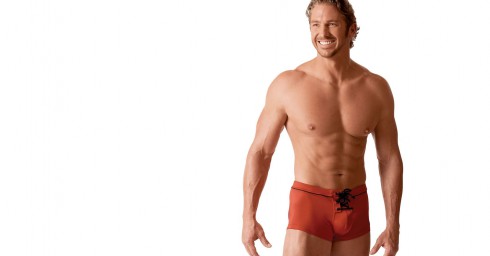 Muscular Guy in Orange Square Cut Shorts