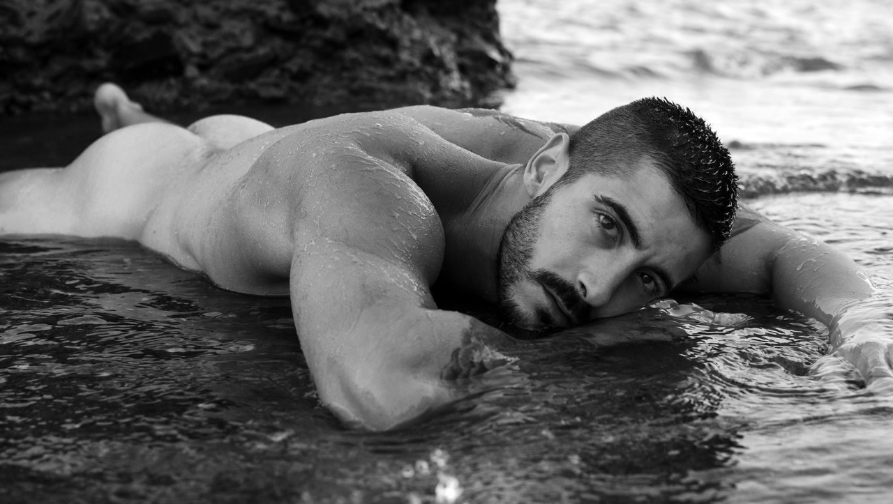 Black and White Rearview Bearded Hunk in the Water