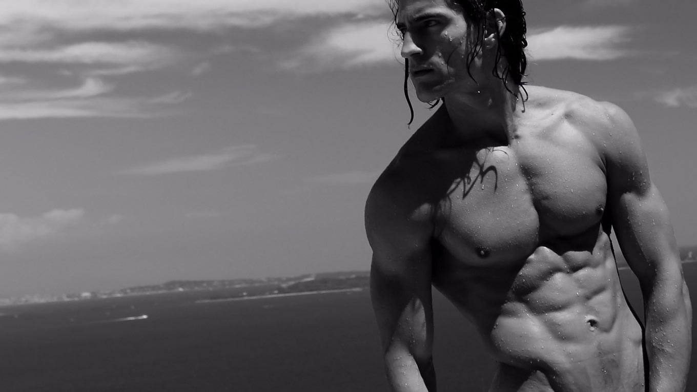 Black and White Fit Guy Shirtless and Dripping Wet