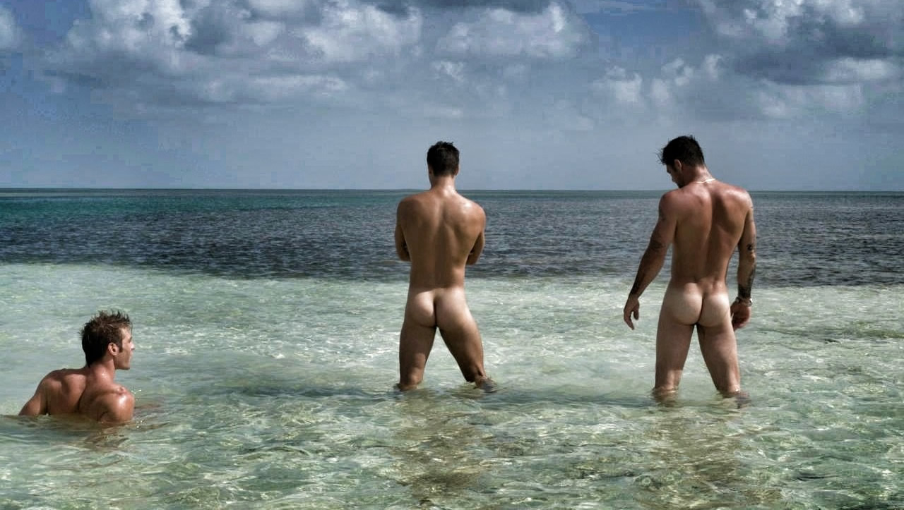 Rearview Three Fit Hunks at the Beach