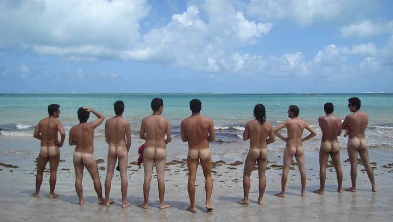 Rearview Nine Fit Guys Naked at the Beach