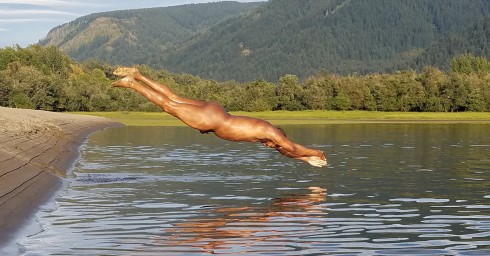 Fit Stud Diving Naked into a Lake