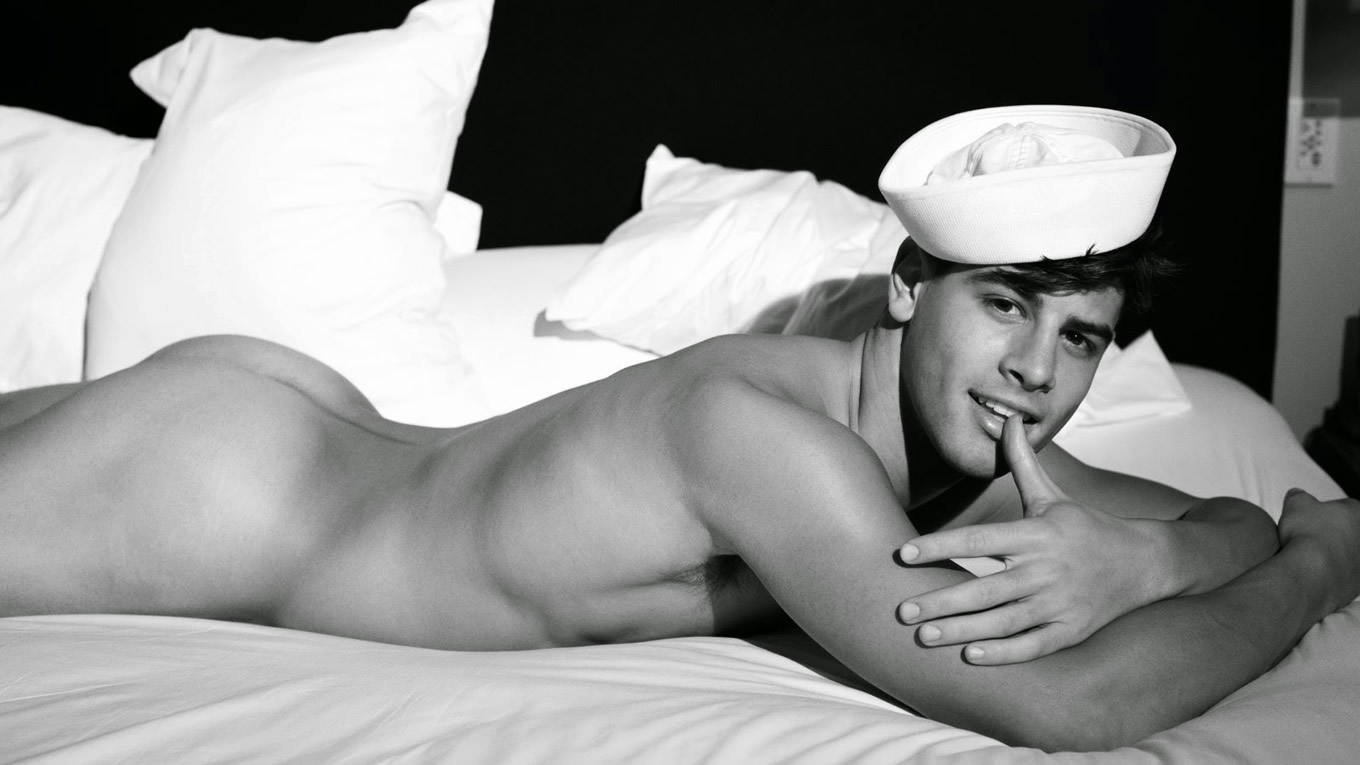 Black and White Rearview Naked Young Guy in a Sailors Cap - 
