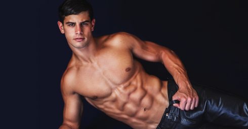 Muscular Stud Shirtless in Black Leather Jeans