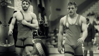 Black and White Two Wrestlers in Singlets