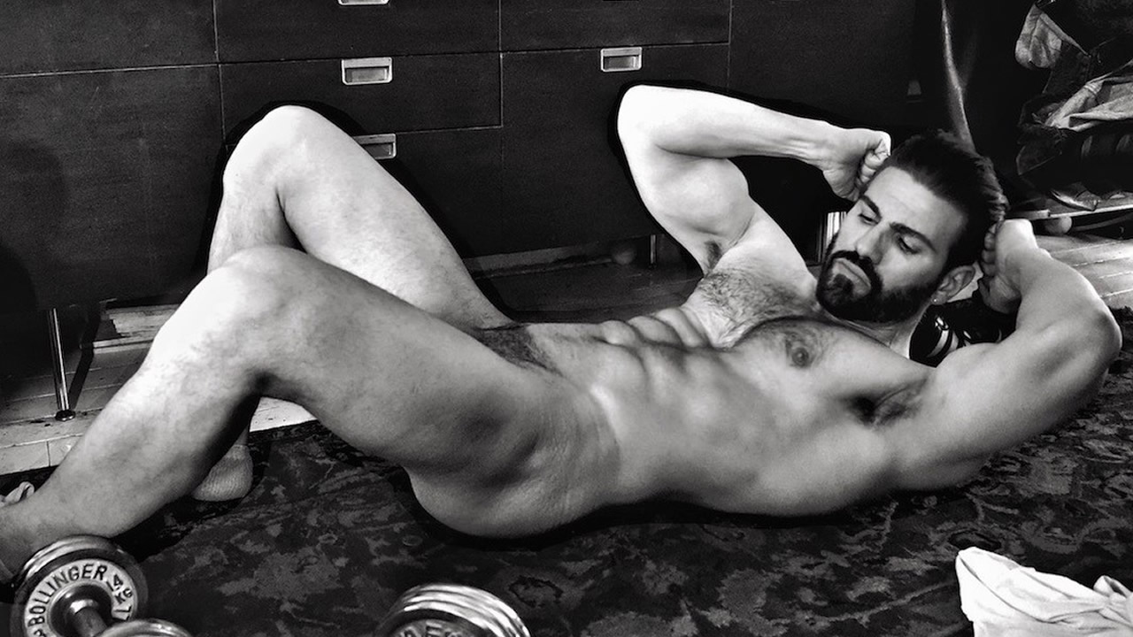 Black and White Muscular Hunk Doing Crunches