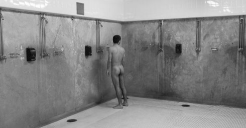 Black and White Naked Guy in the Shower