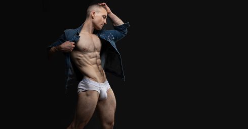 Fit Guy in White C-in2 Briefs and a Jean Jacket