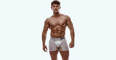 Muscular Young Hunk in White Box Boxer Briefs