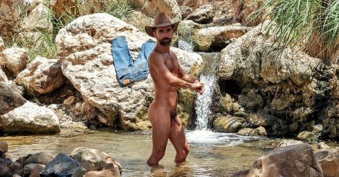 Full-Frontal Naked Hunk in a Stream