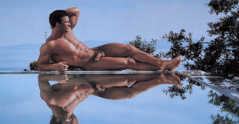 Full-Frontal Naked Hunk Reflected in a Pool