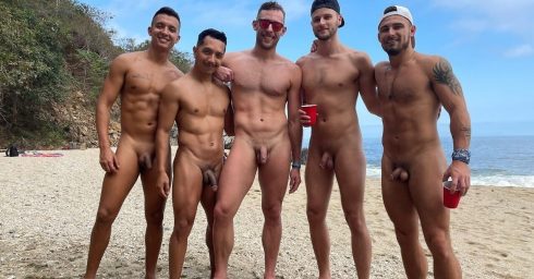 Full-Frontal Five Guys at the Beach