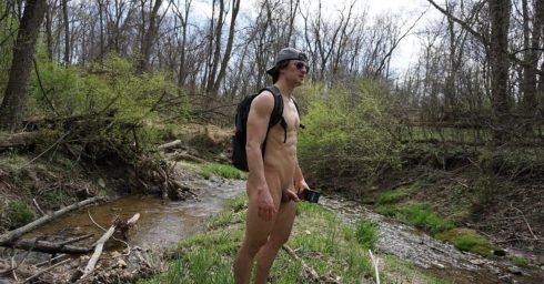 Full-Frontal Naked Hiker by a Stream in the Woods