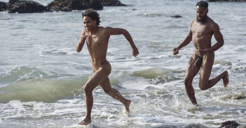 Full-Frontal Two Athletic Studs Running at the Edge of the Ocean