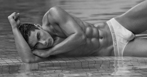 Black and White Fit Guy in Calvin Klein Briefs by a Pool