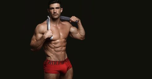 Ripped Hunk in Red Armani Square Cut Briefs