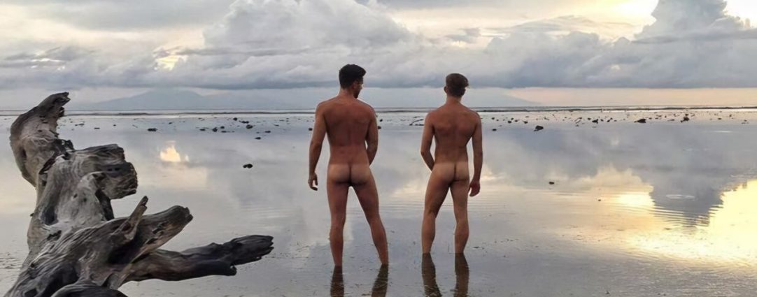 Rearview Two Naked Guys at the Waters Edge