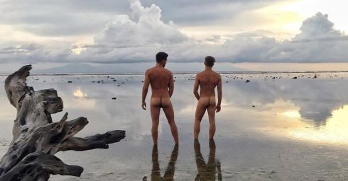 Rearview Two Naked Guys at the Waters Edge