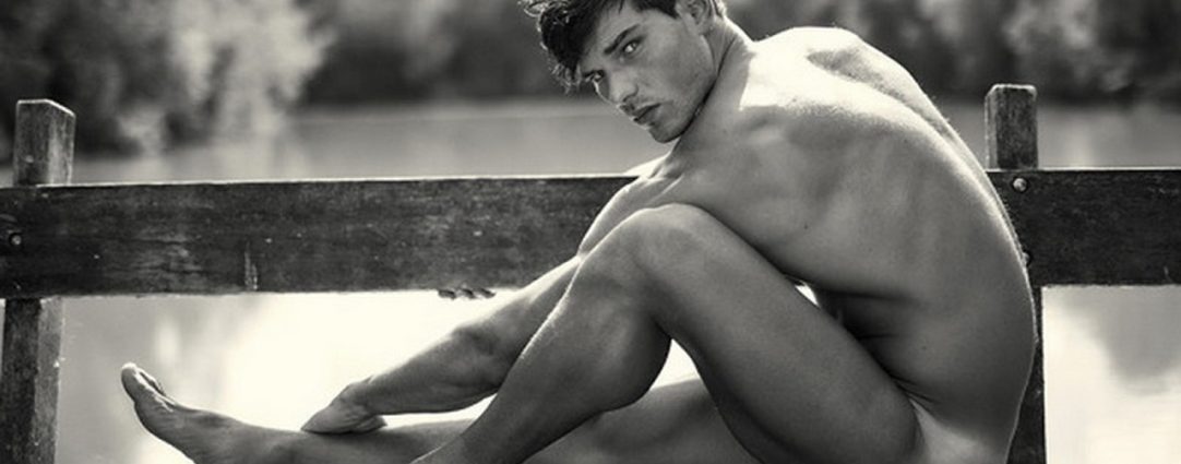 Black and White Athletic Guy Naked on a Bench