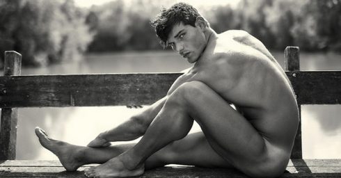 Black and White Athletic Guy Naked on a Bench