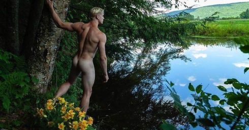 Rearview Fit Young Guy Naked in the Woods