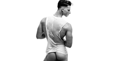 Black and White Fit Young Guy with a Great Ass in a Wet Tank Top