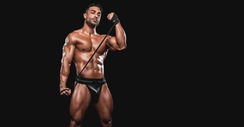 Athletic Young Stud in a Black Leather Jockstrap