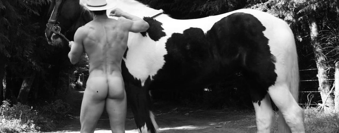 Black and White Rearview Naked Guy with a Horse