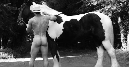 Black and White Rearview Naked Guy with a Horse
