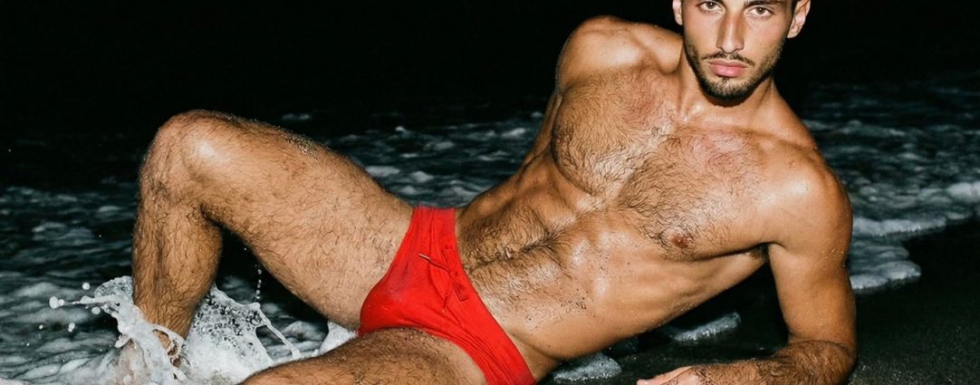 Fit Hunk in a Red Bikini at the Waters Edge