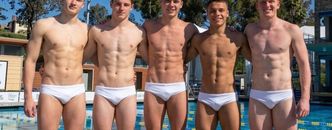 Five Young Guys in White Bikinis at a Pool