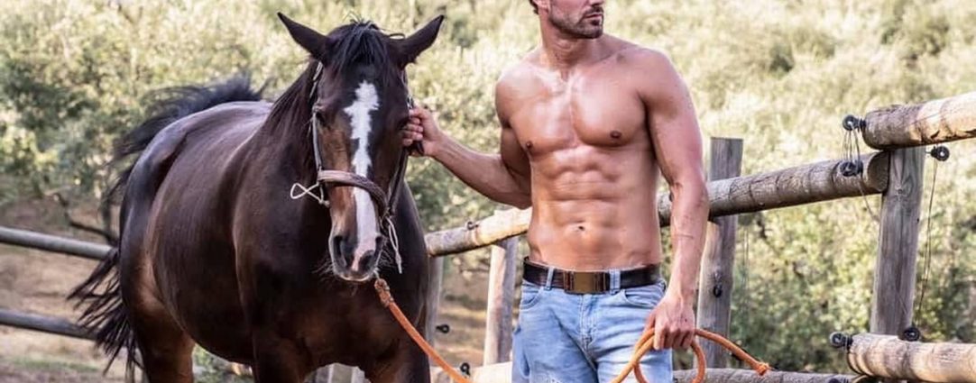 Athletic Guy Shirtless in Jeans with a Horse