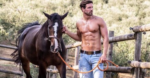 Athletic Guy Shirtless in Jeans with a Horse