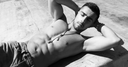 Black and White Athletic Guy Shirtless in Jeans