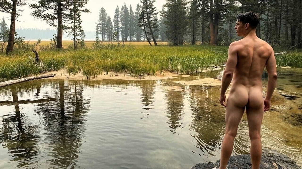 Rearview Athletic Guy Naked in a Stream
