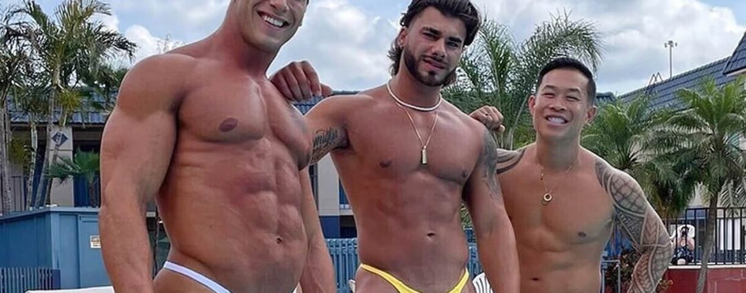Three Muscular Guys in Colourful Thongs