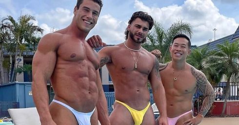 Three Muscular Guys in Colourful Thongs