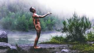Full-Frontal Fit Guy by a Stream in the Woods