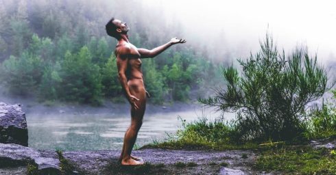 Full-Frontal Fit Guy by a Stream in the Woods