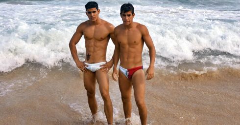 Two Fit Guys in Bikinis at the Beach