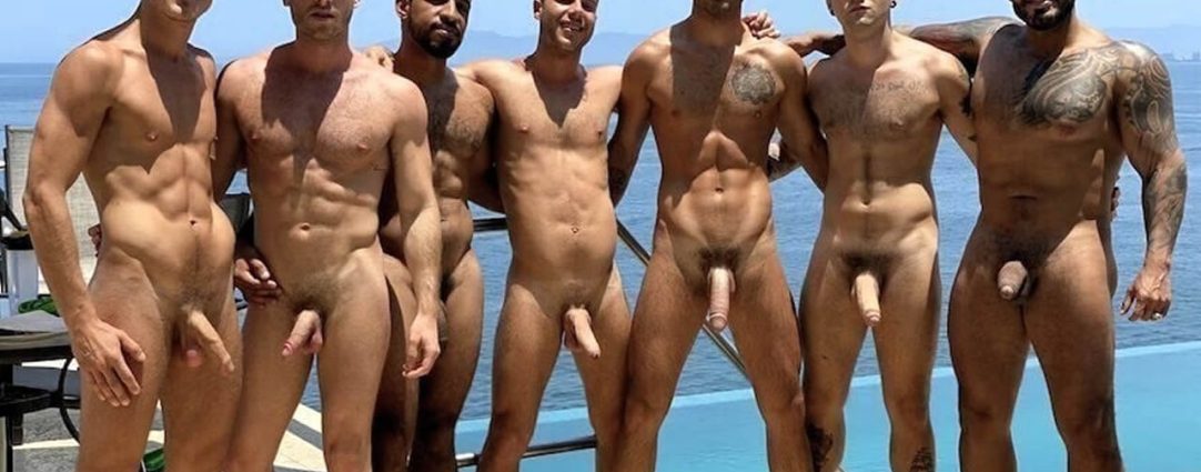 Full-Frontal Seven Guys by a Pool