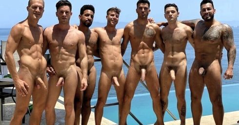 Full-Frontal Seven Guys by a Pool