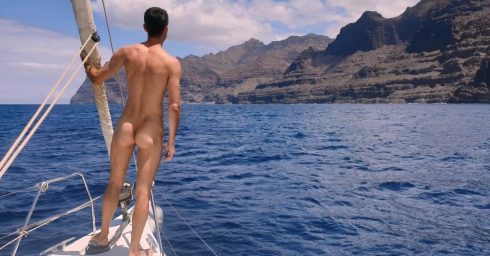 Rearview Fit Guy Naked on a Boat
