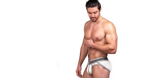 Young Hunk in Grey and White Grand Axis Briefs