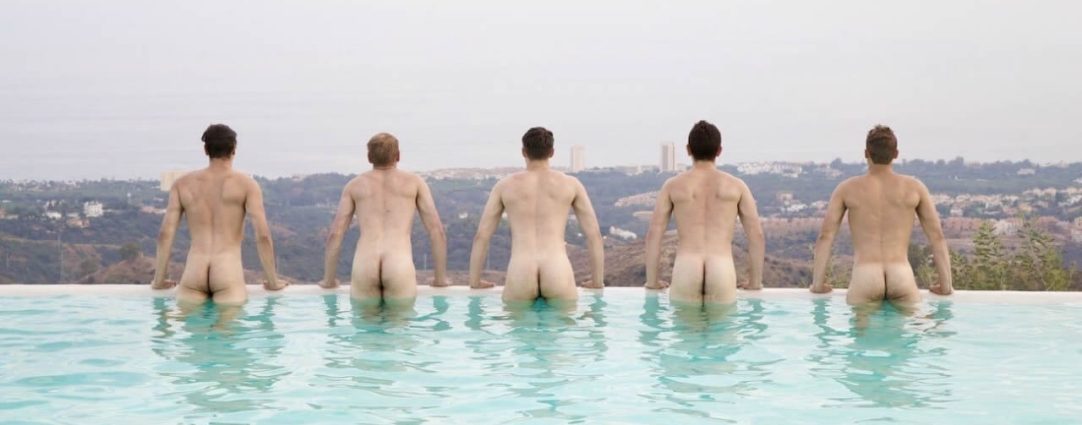 Rearview Five Naked Guys in a Pool