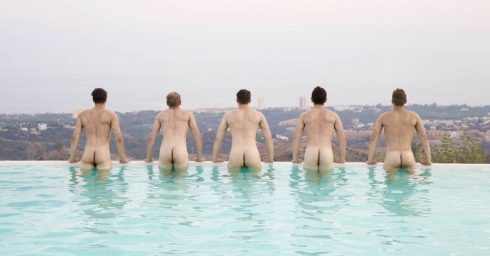 Rearview Five Naked Guys in a Pool