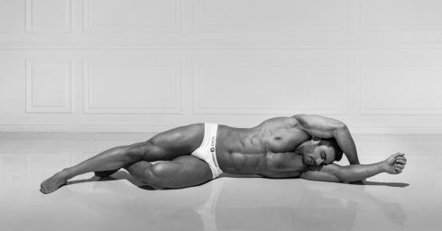 Black and White Fit Guy in White Dolce & Gabbana Briefs Lying on the Floor