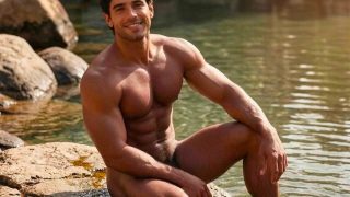 Athletic Guy Naked on a Rock in a Stream