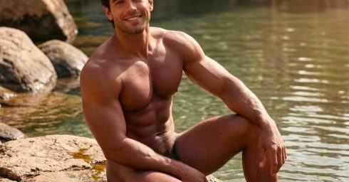 Athletic Guy Naked on a Rock in a Stream